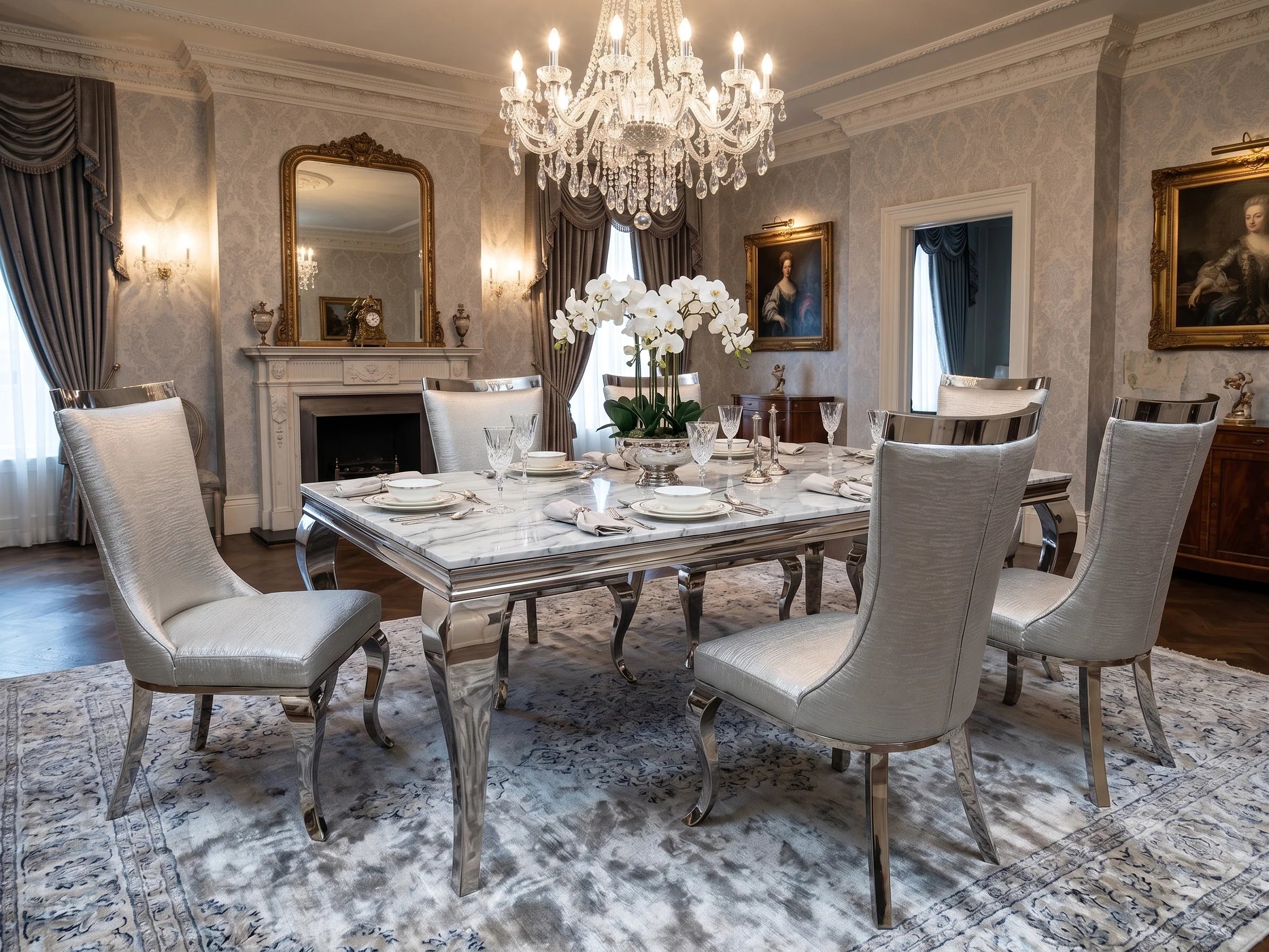 Luxury Sofia marble dining table set designed for elegant UK interiors and dining spaces