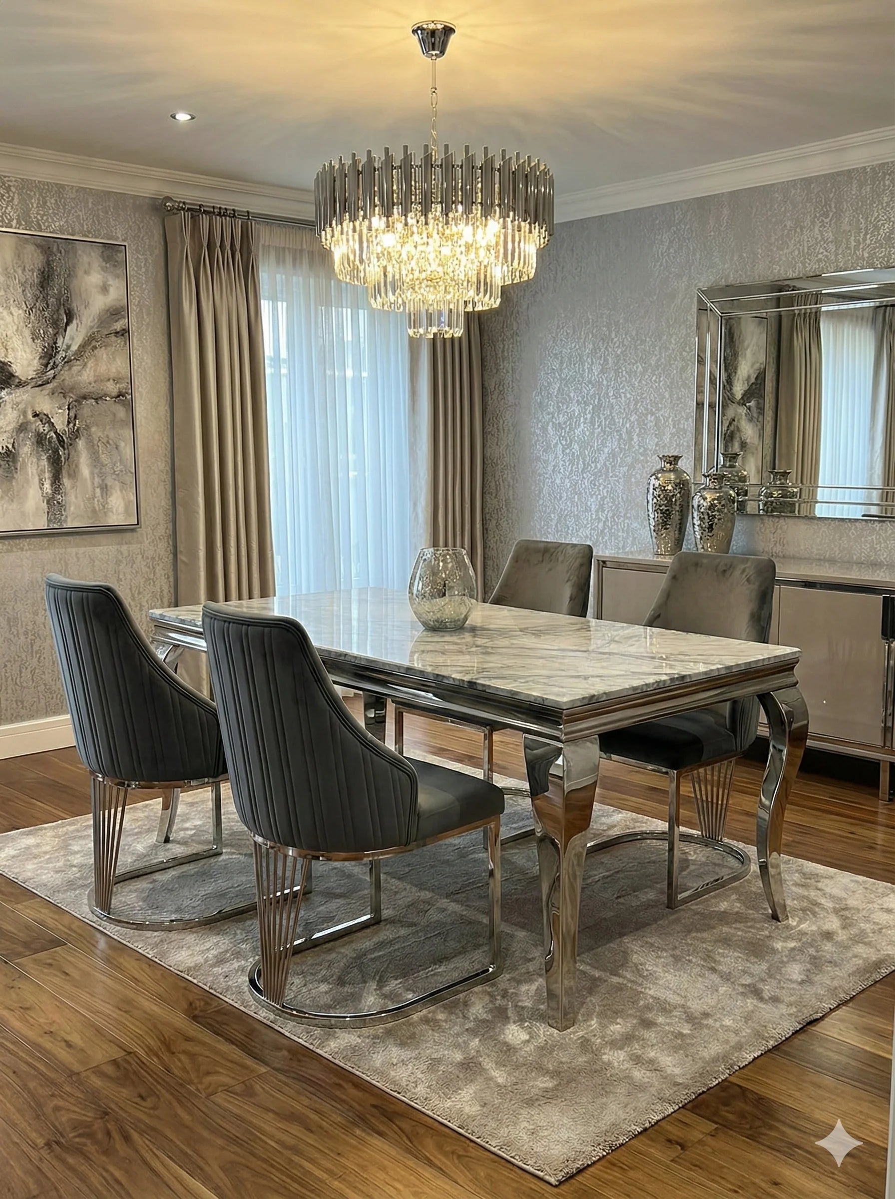 Luxury Sofia grey marble dining set with Lasco Grey chairs designed for Nottingham contemporary interiors.