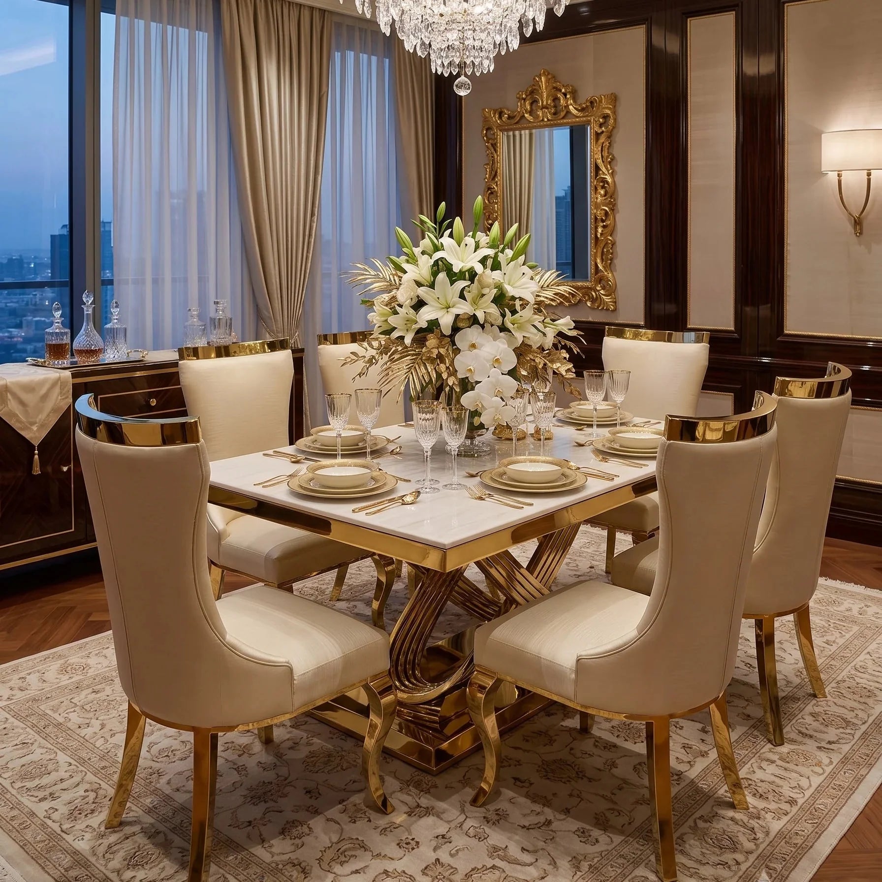 Luxury marble dining set with 6 seater table and premium dining chairs for modern UK homes