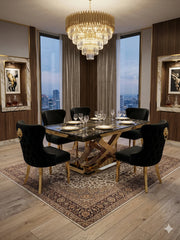 Luxury black marble dining furniture with Valentino Gold Chairs and a sculptural geometric base, designed for sophisticated Manchester dining rooms at a competitive UK price.