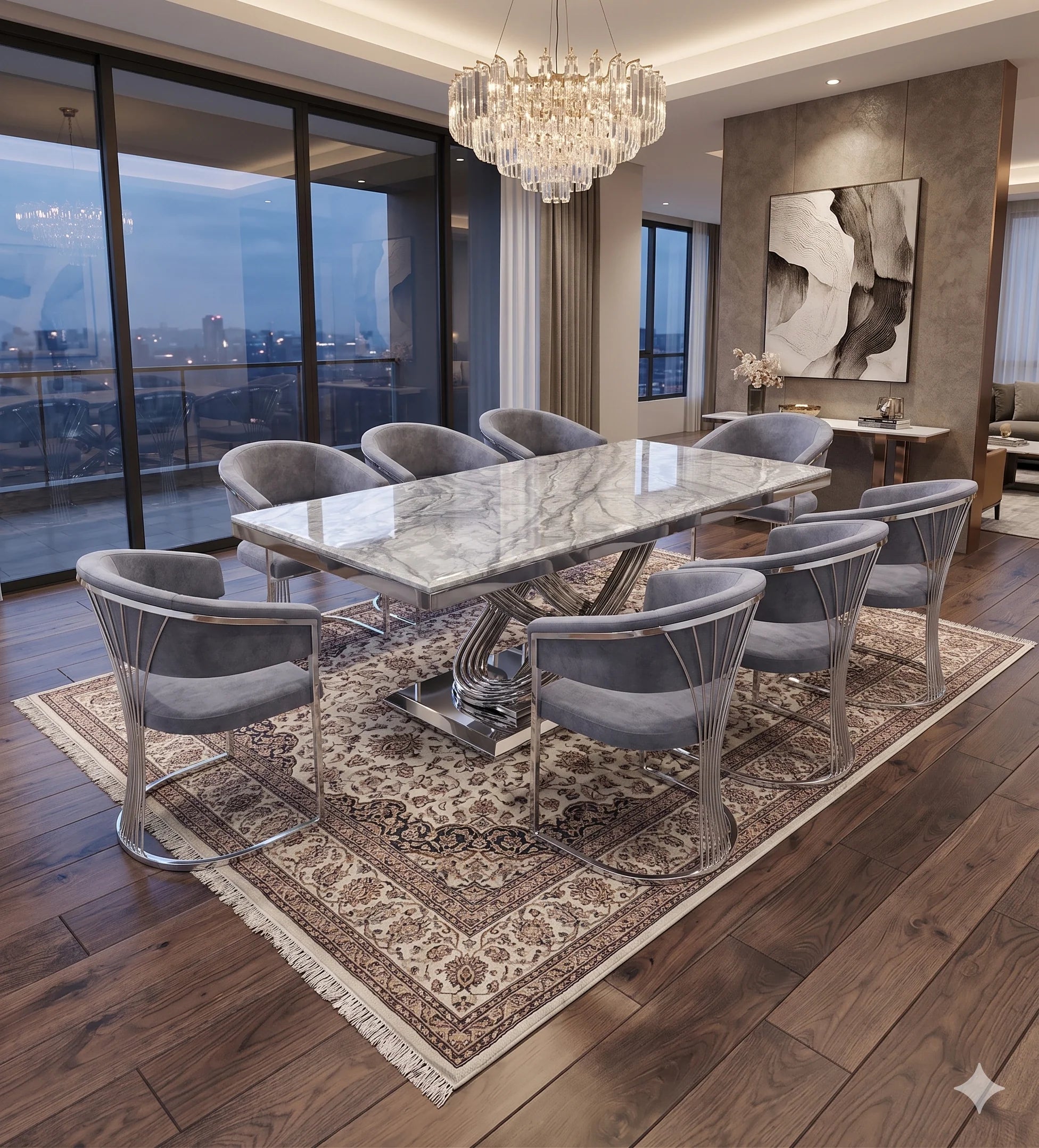 Luxury 8 seater grey marble dining table with Porado Grey Chairs for family meals and entertaining