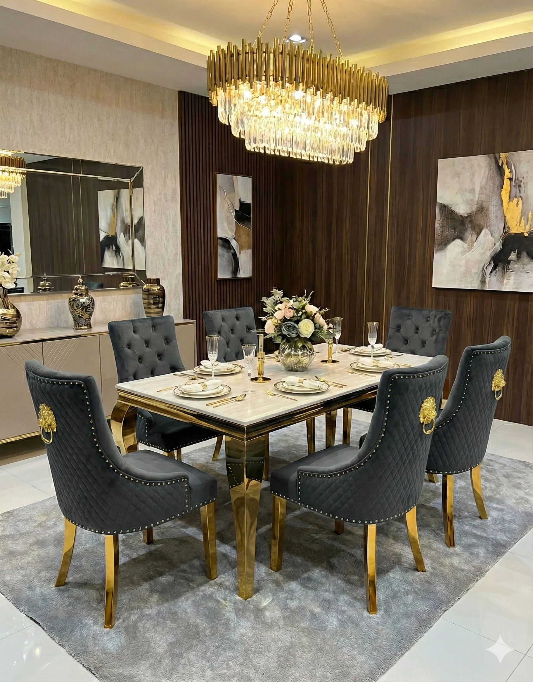 Luxury dining furniture for Liverpool homes featuring a cream gold marble tabletop and Majestic Gold Lion Knocker Chairs for a refined designer look.