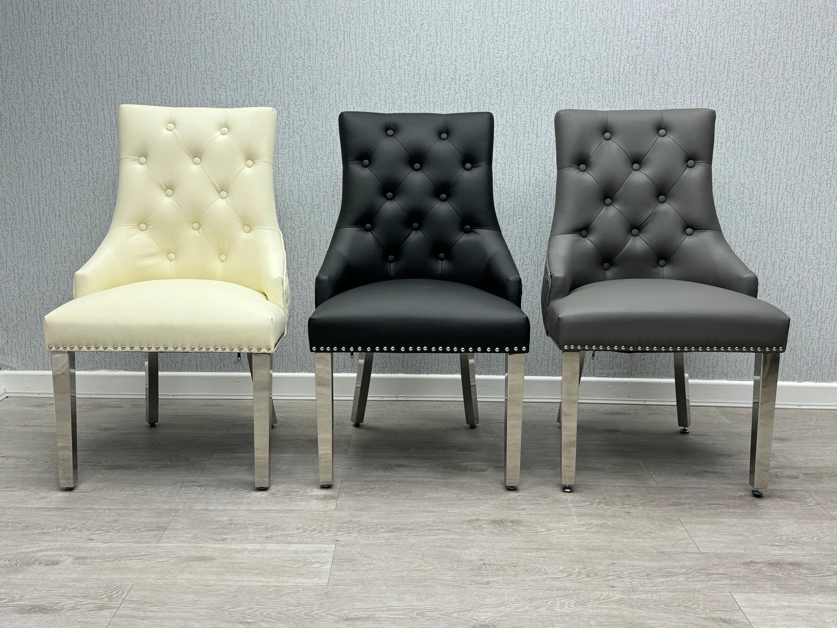 Majestic Lion Knocker dining chair with premium upholstery front side detail view