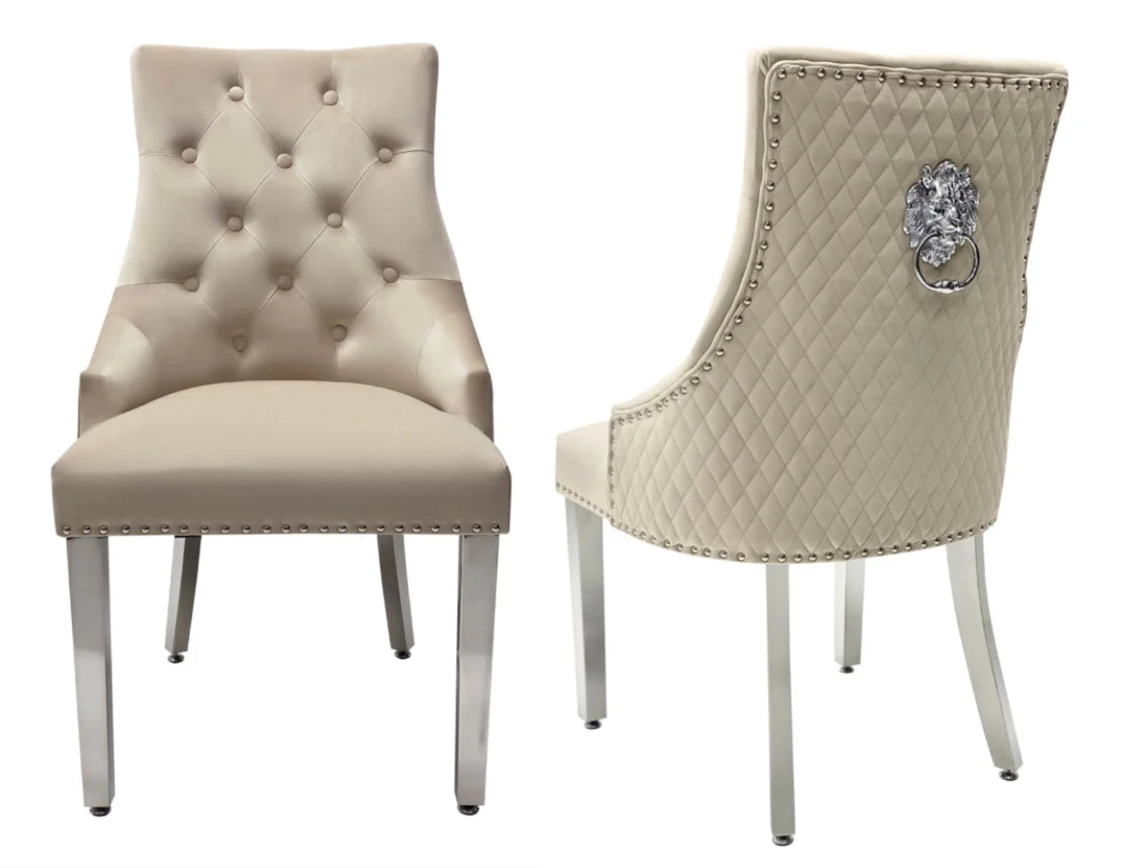 Majestic Lion Knocker dining chairs with luxurious velvet upholstery and distinctive high-back detailing