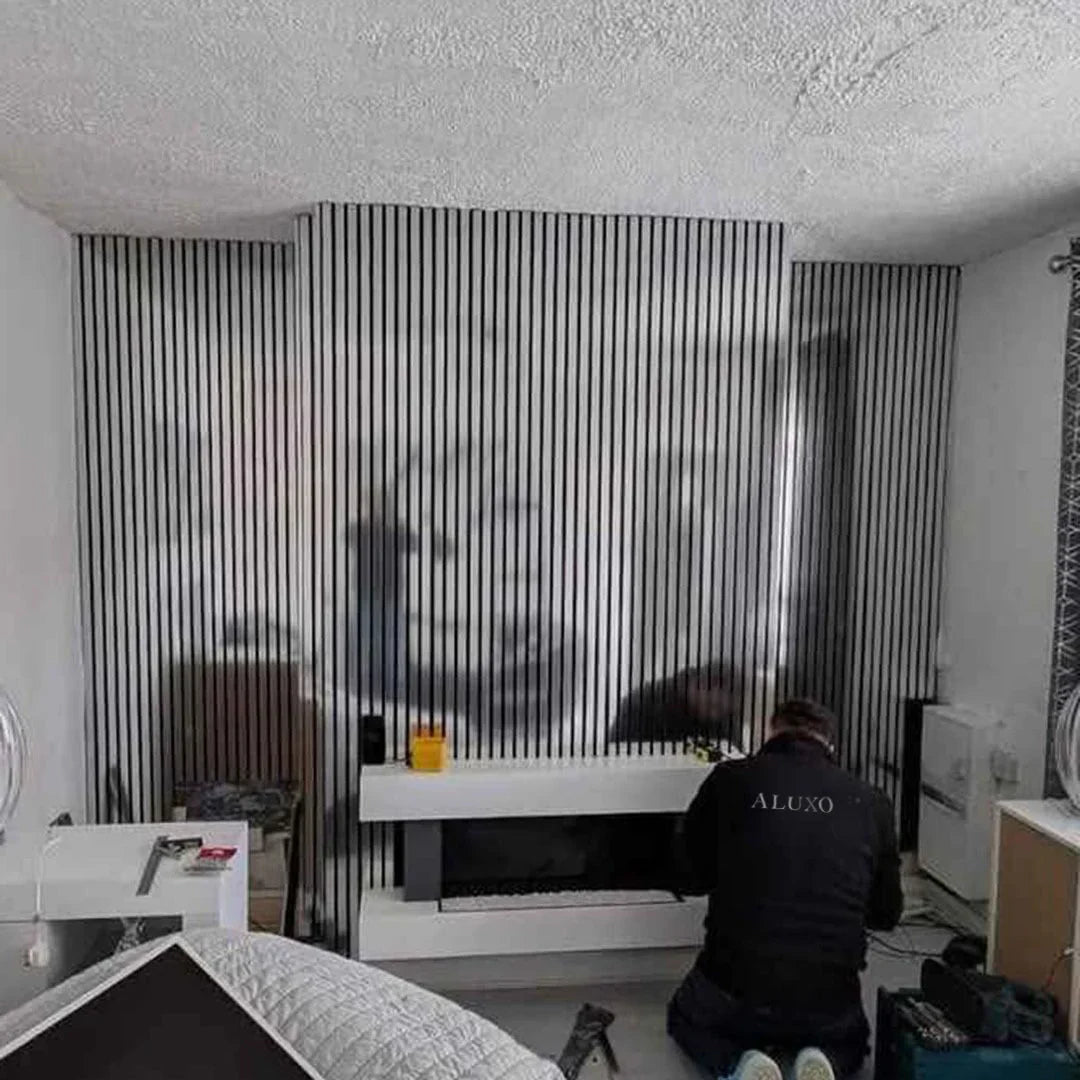 Metallic Chrome acoustic panel used as a feature wall