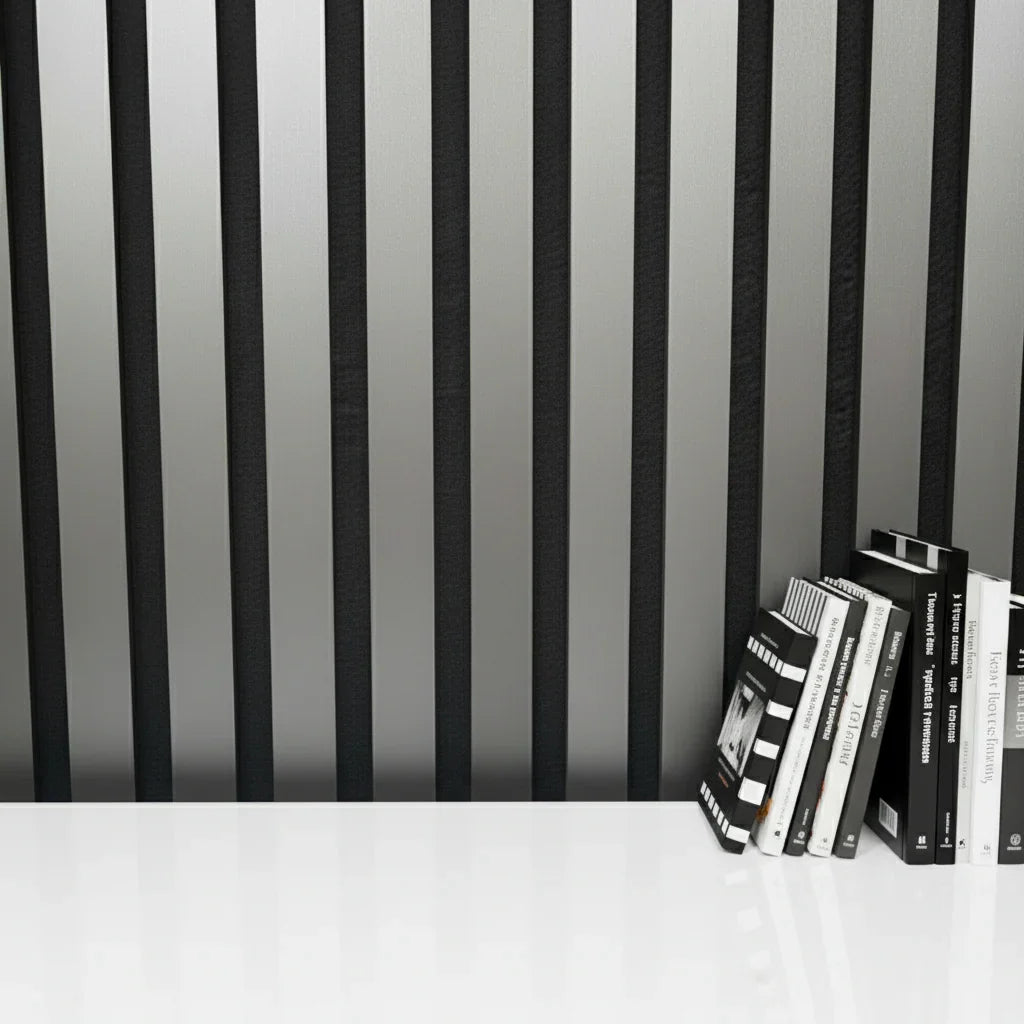 Metallic Dark Grey acoustic panel showing 2.5cm slats and 1.5cm spacing