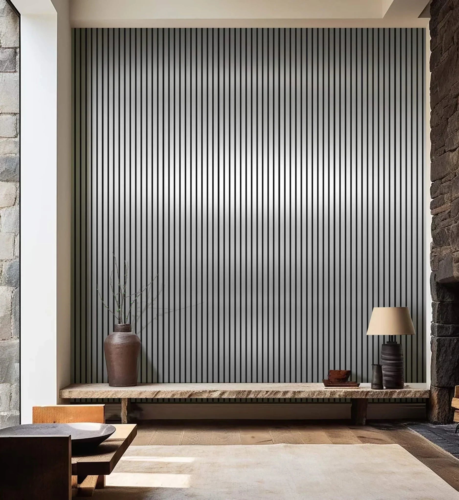 Metallic Dark Grey slatted wall panels installed in a modern living room
