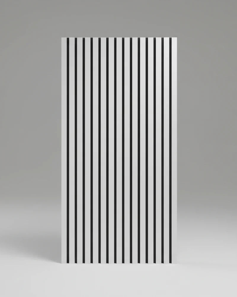 Metallic light grey slatted panel used as an acoustic feature wall