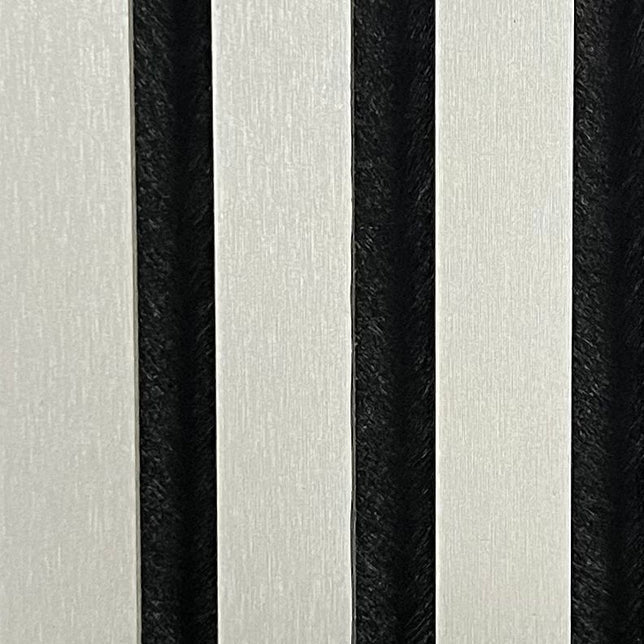 Metallic light grey HDF acoustic panel showing slat detail