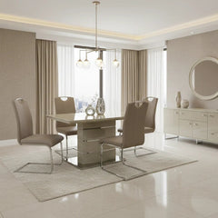 Modern Milan cappuccino dining table with four matching dining chairs for family meals.