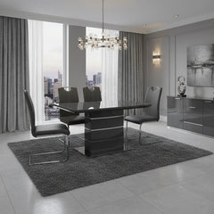 Modern Milan grey dining table with four upholstered dining chairs for stylish family meals