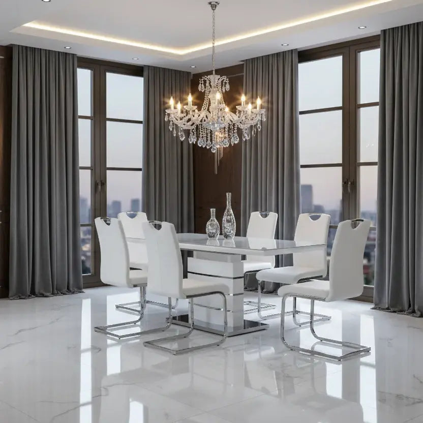 Modern white extendable dining set with glass tabletop and six upholstered dining chairs.