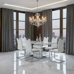 Modern white extendable dining set with glass tabletop and six upholstered dining chairs.