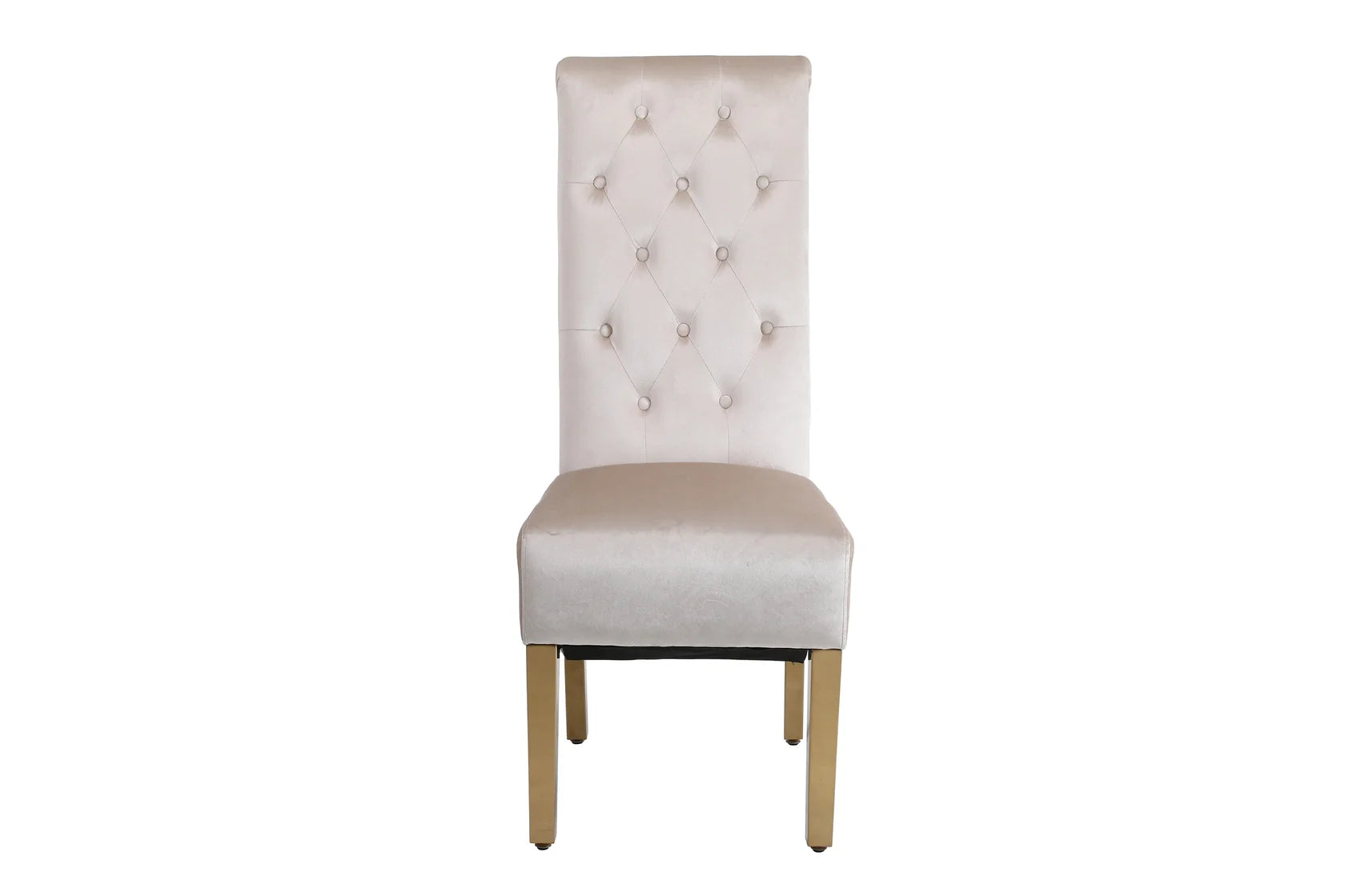 Elegant mink Sofia-style dining chair with gold frame and legs for a luxurious contemporary dining space
