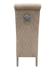 Close-up detail of the lion knocker back design on the Sofia dining chair
