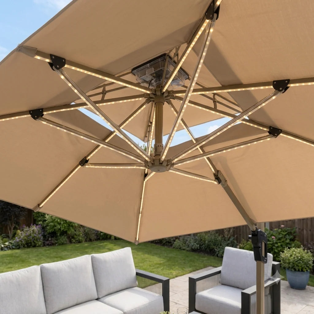 Contemporary outdoor parasol with solar lighting and smooth crank handle for easy operation