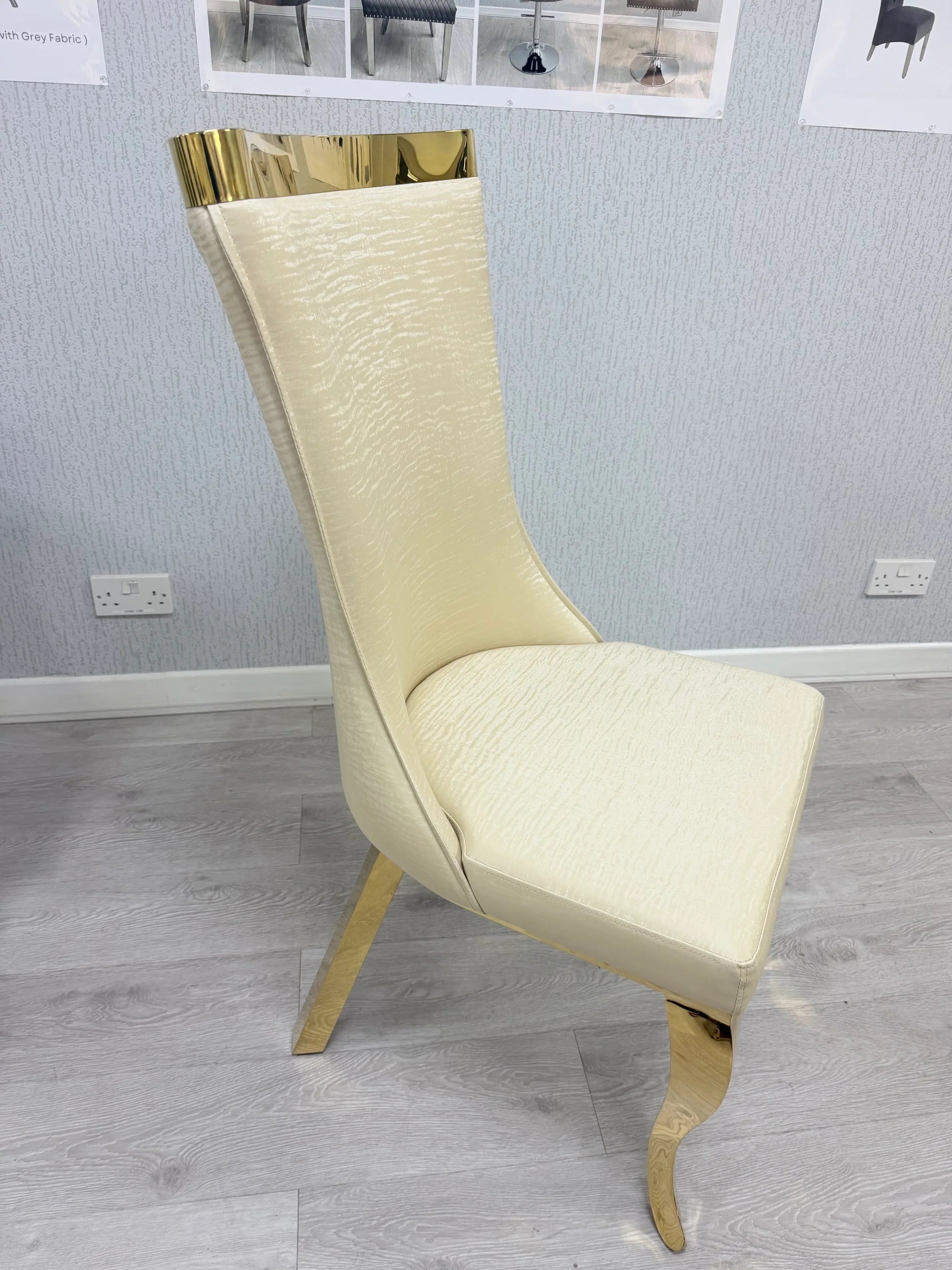 Modern cream and gold dining set featuring Rocky beige seating, a high gloss marble tabletop and geometric pedestal base