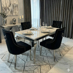 Premium cream marble dining table set with Valencia upholstered chairs designed for Manchester apartments and modern open-plan kitchen spaces.