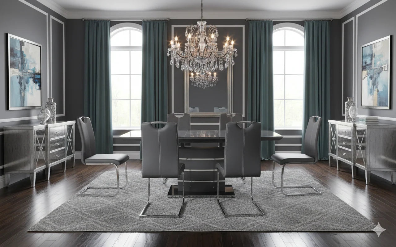 Side view of the Milan grey dining table showcasing its sleek rectangular design
