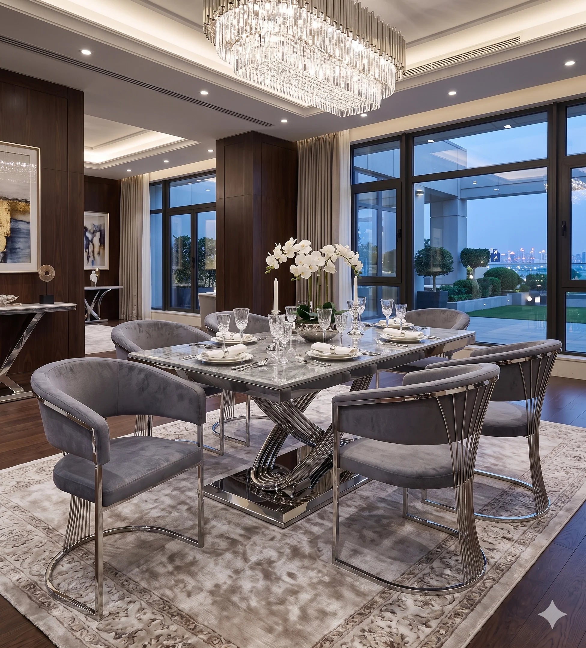 Modern grey marble dining furniture featuring a polished table and sophisticated Porado upholstered chairs
