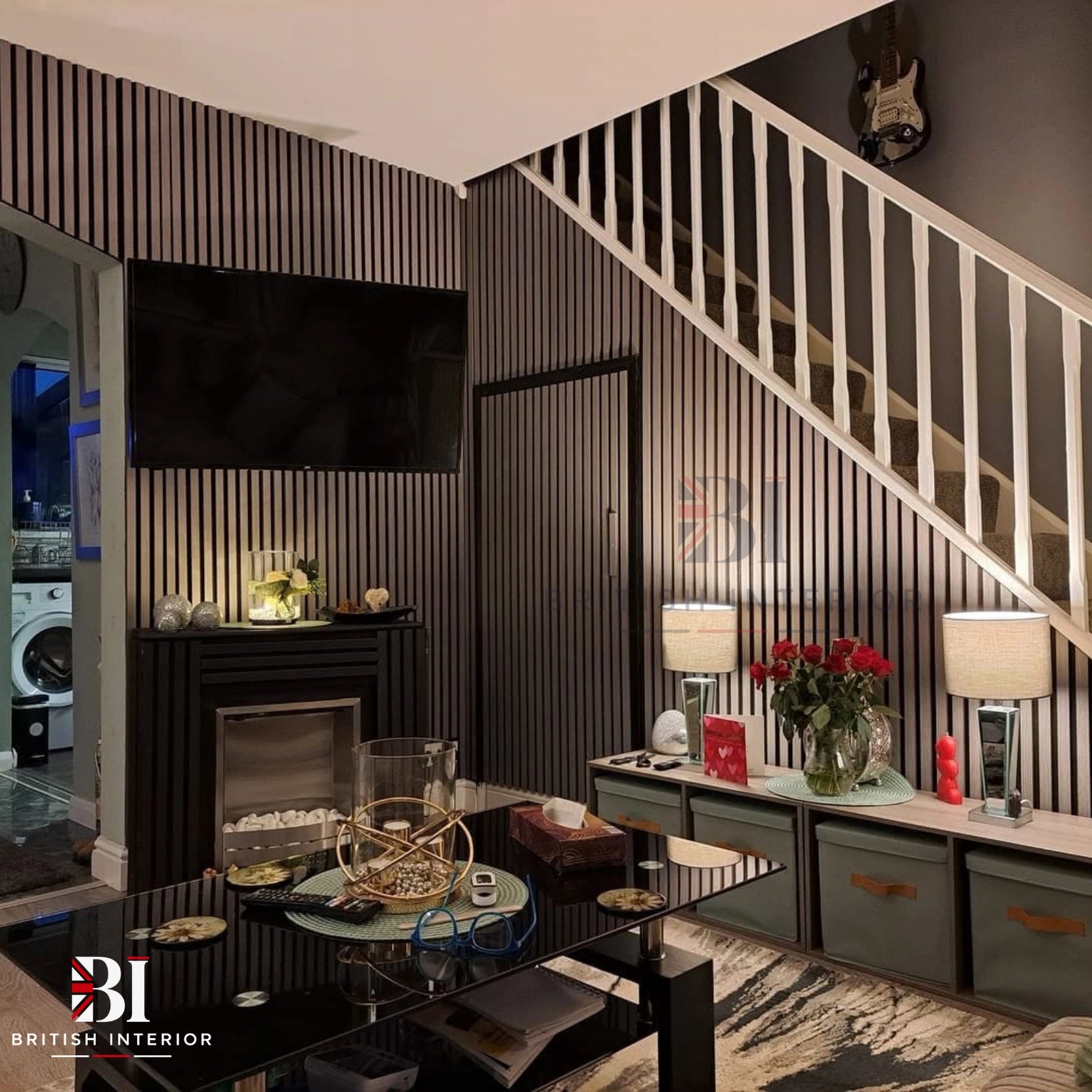 Modern grey oak feature wall adding texture and depth to a living space