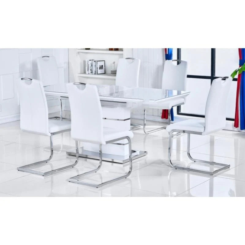 Luxury dining set combining a white glass dining table with comfortable upholstered chairs
