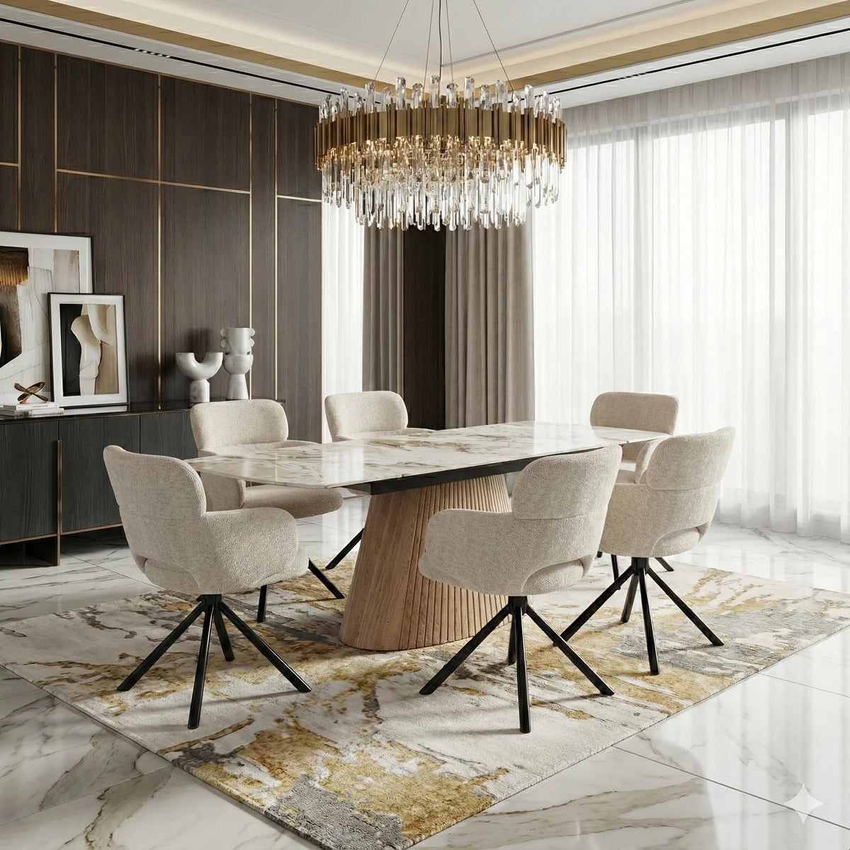 Mona 160–240cm Beige Marble Effect Sintered Stone Dining Table & Chairs Set