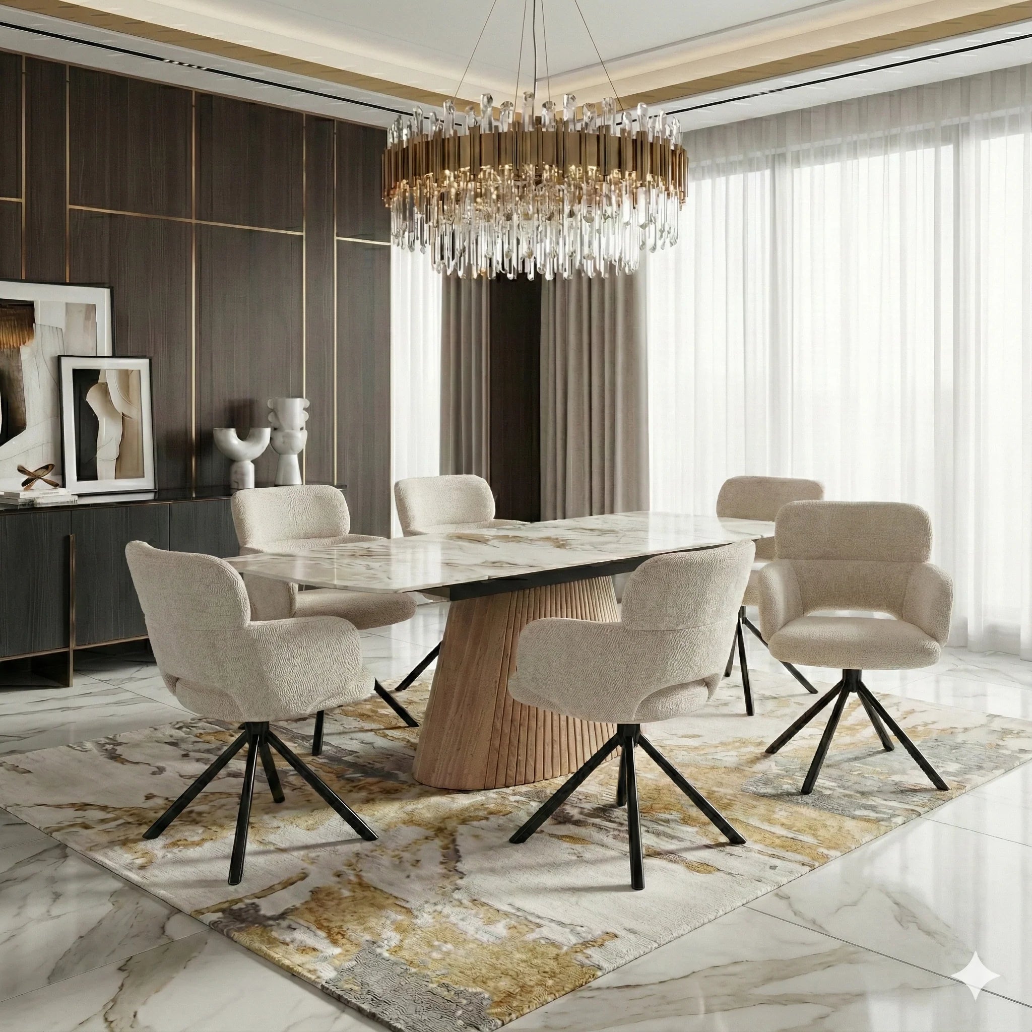 Mona extendable beige dining table with Tuscany swivel chairs