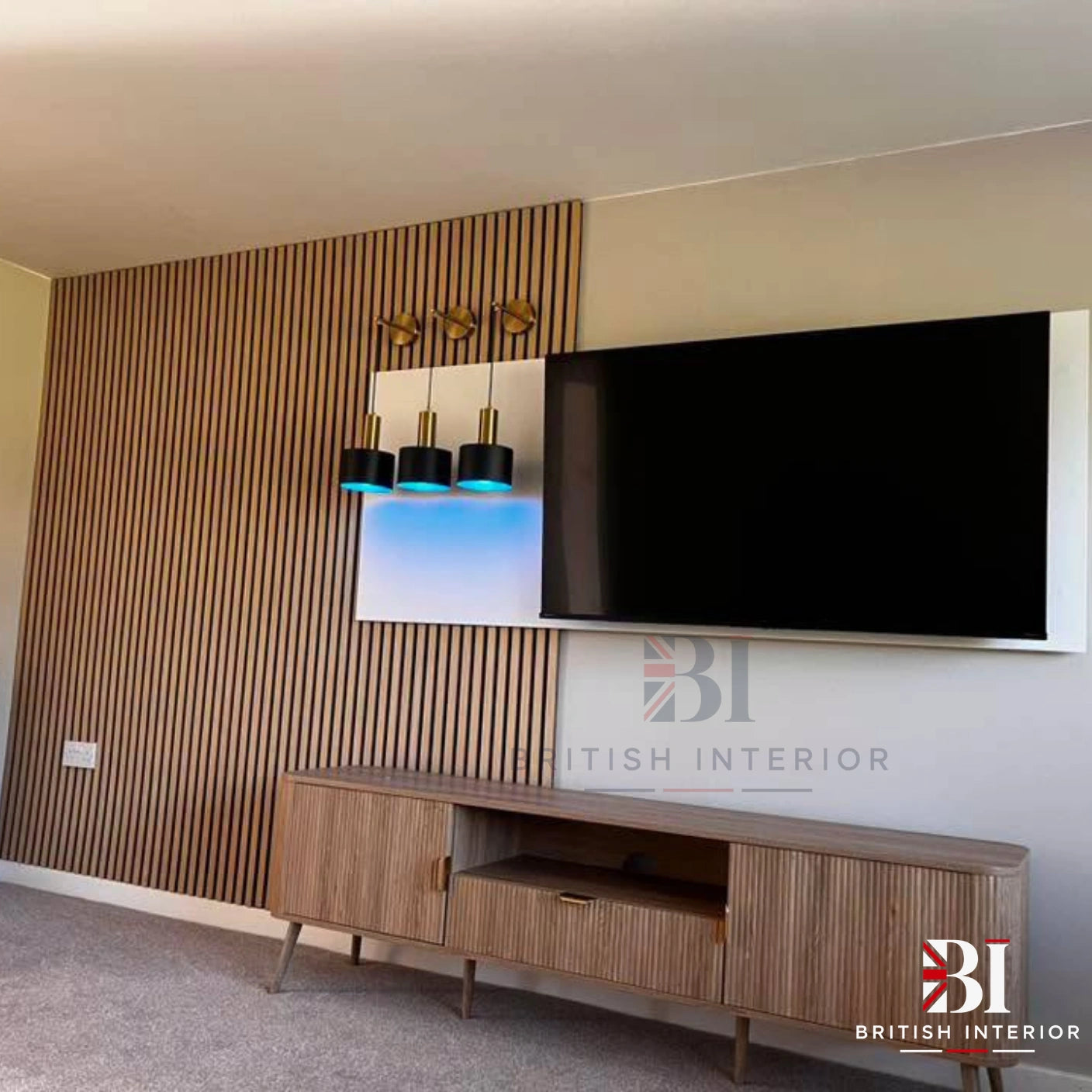 Natural Oak slatted wall panelling on a TV media wall