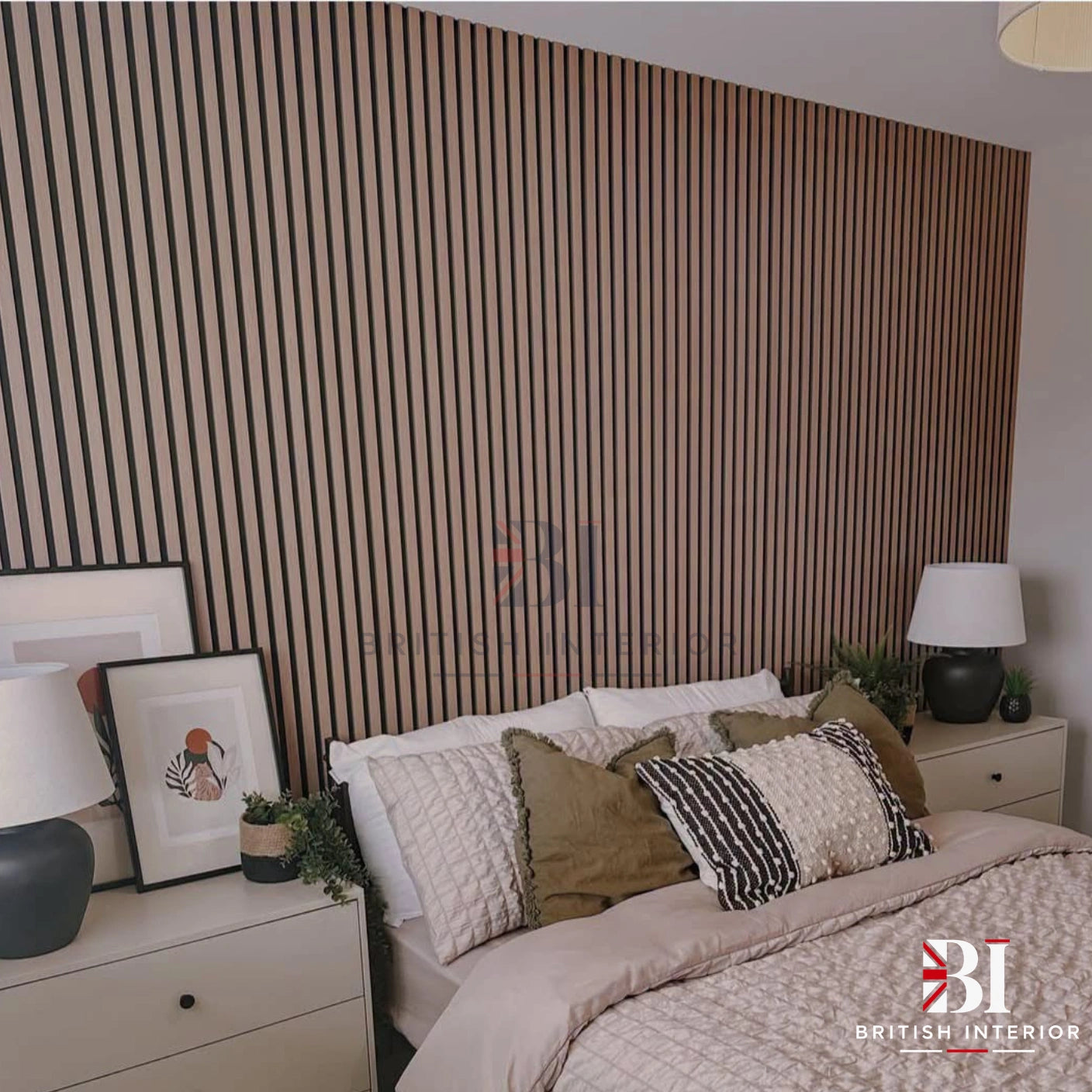 Natural Oak acoustic slatted wall in a bedroom