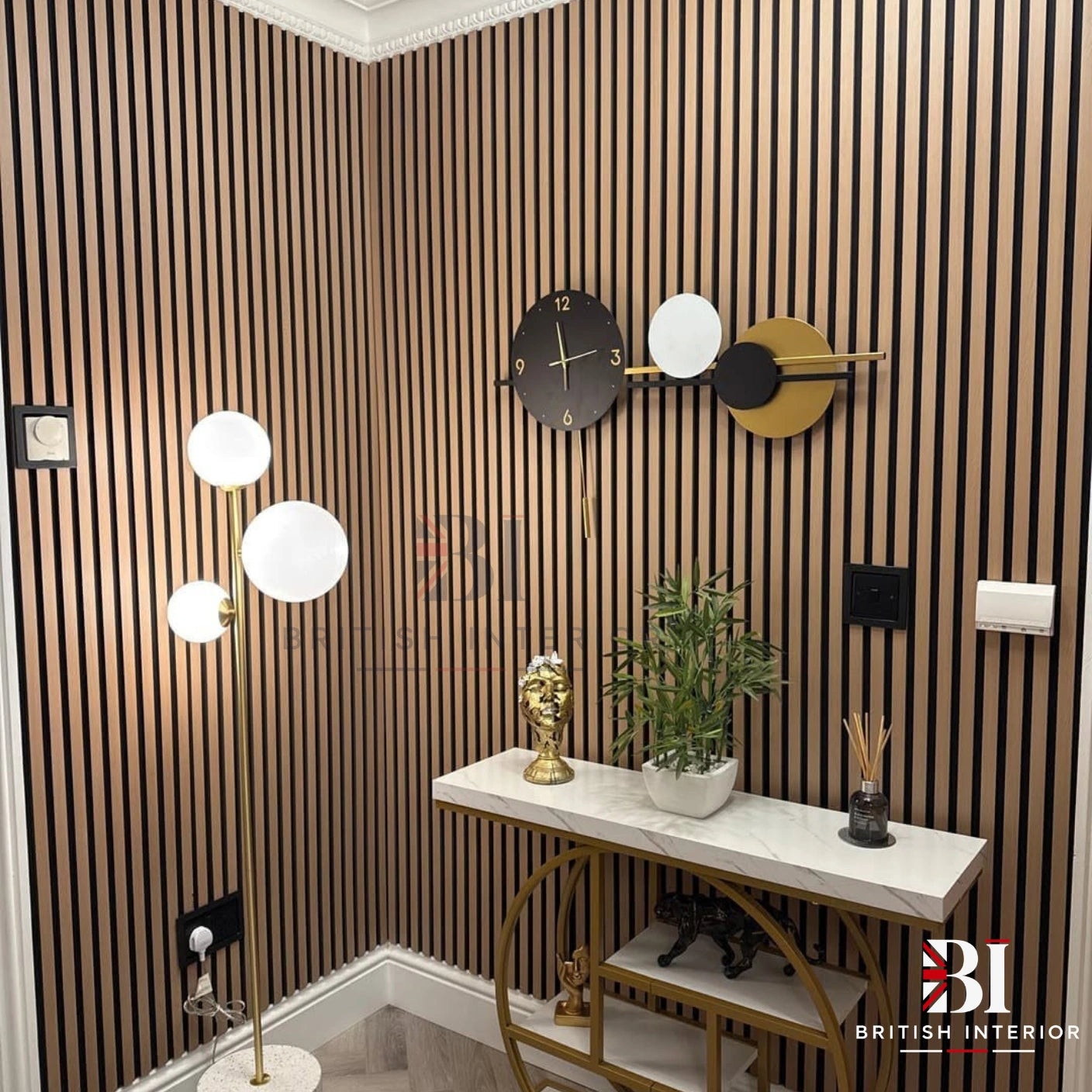 Natural Oak slatted panel on a decorative feature wall