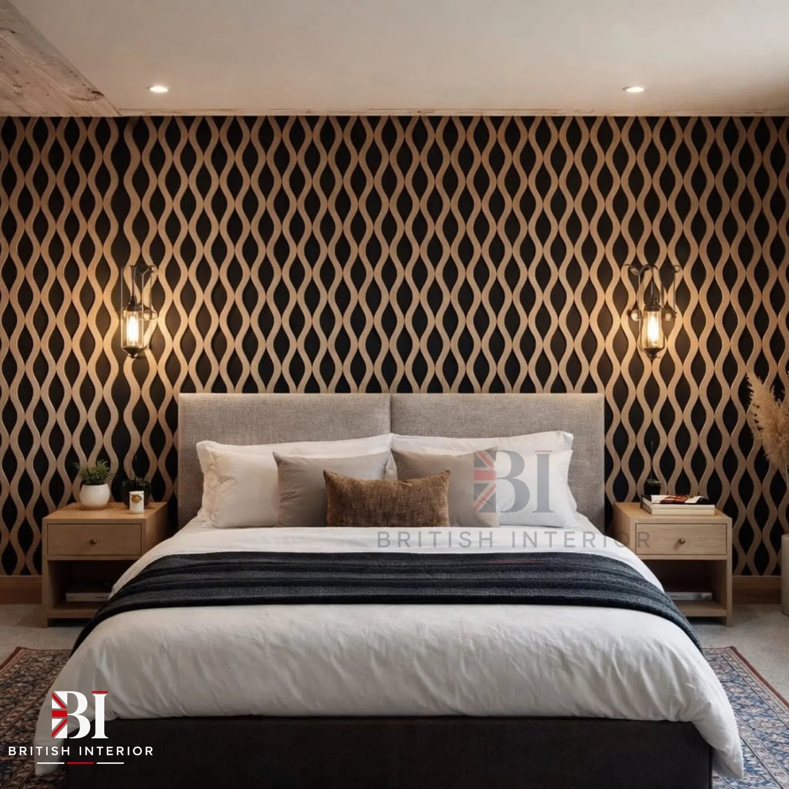 Natural oak waved wall panel used in a bedroom