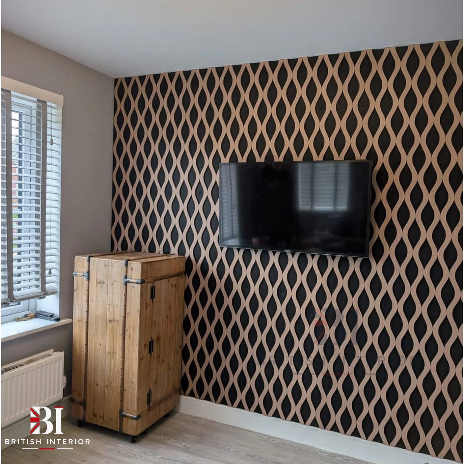 Natural oak waved wall panel in a contemporary interior