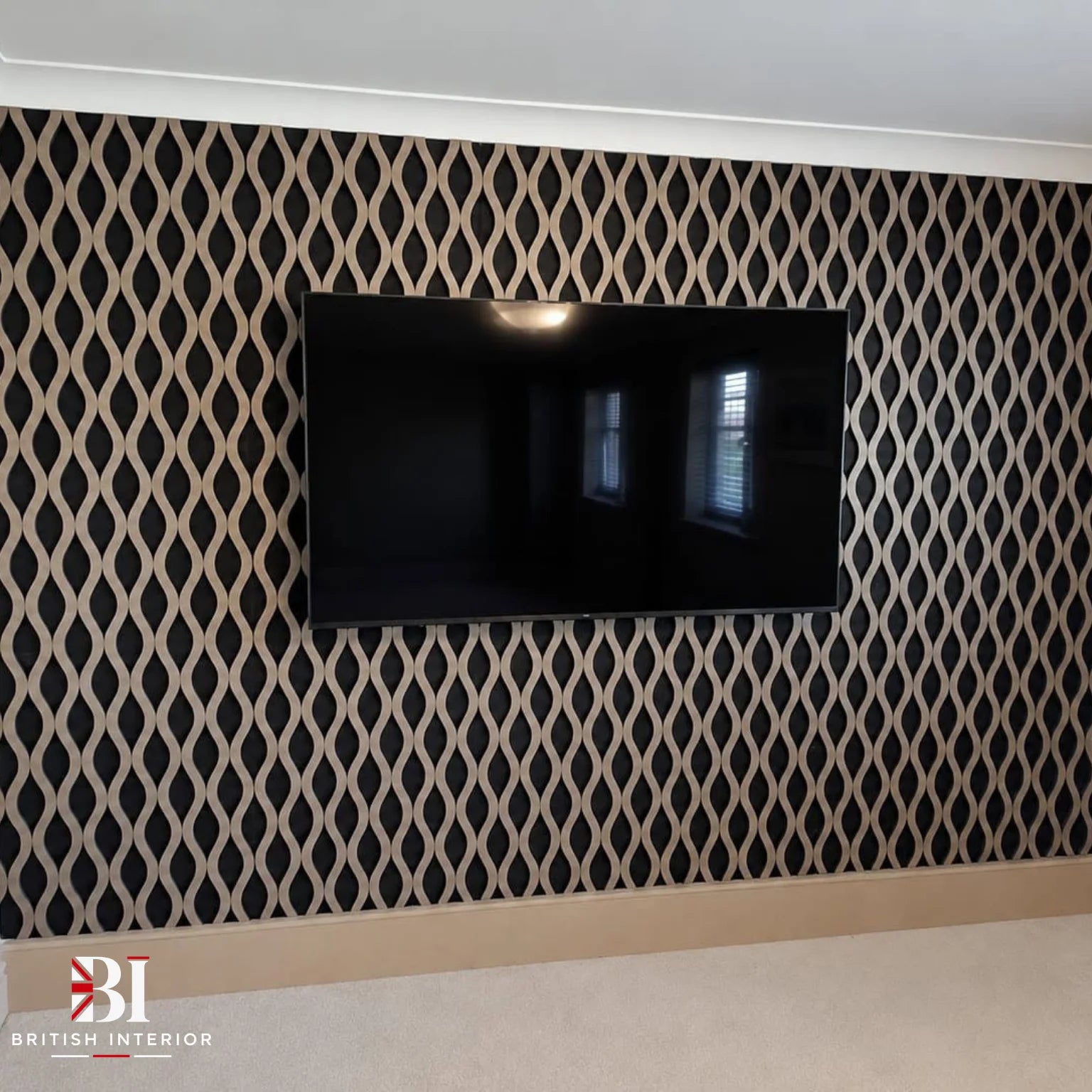 Natural oak waved wall panel behind a television
