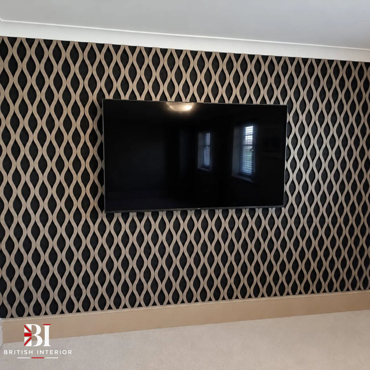 Natural oak waved wall panel behind a television