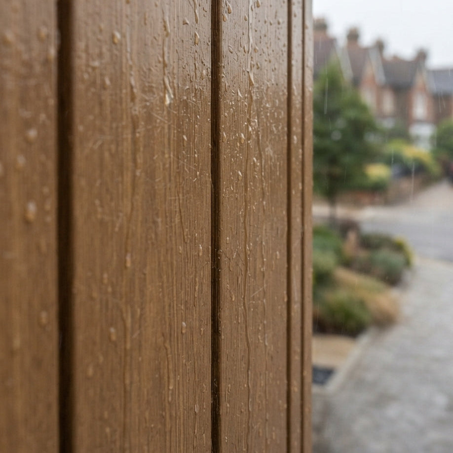 Oak composite cladding panels on a modern exterior during rainy UK weather, demonstrating the weather-resistant properties of outdoor wall panelling.