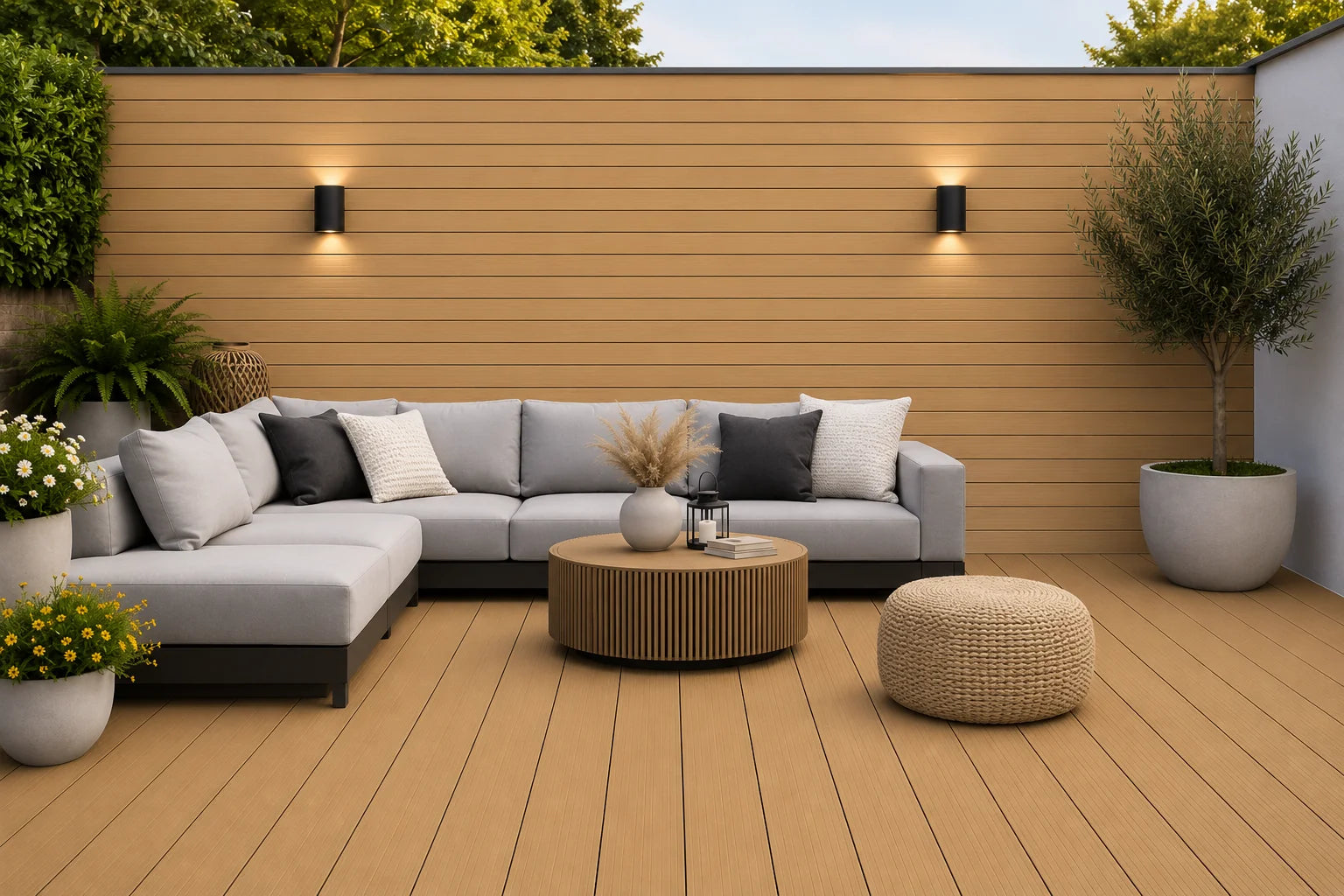 Oak composite decking installed on a patio