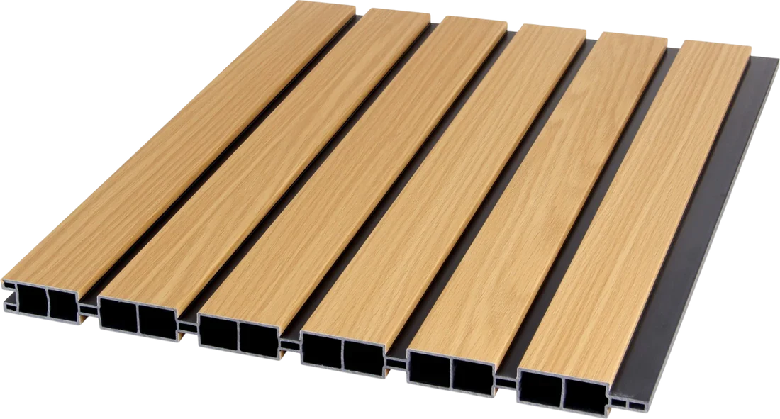 Close-up of oak composite fence panel with wood effect finish