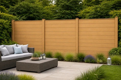 Oak composite fence panels installed in a modern garden