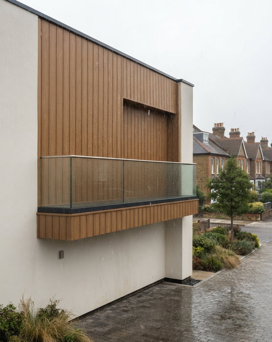 Oak Outdoor Composite Wall Panels shown on an exterior wall during rainy weather, highlighting their weather-resistant outdoor cladding finish.
