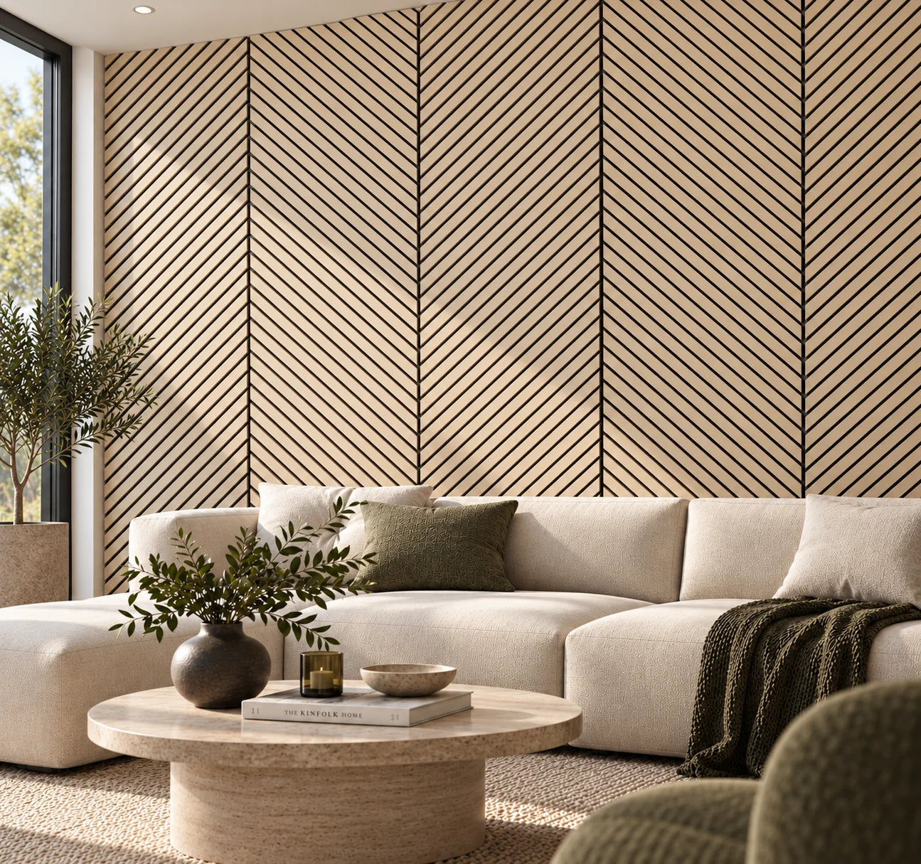 Oak acoustic slat panel for an interior feature wall