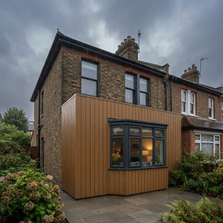 Oak Outdoor Composite Wall Panels in wet and rainy conditions, showing a textured style exterior cladding finish designed for weather-resistant outdoor applications