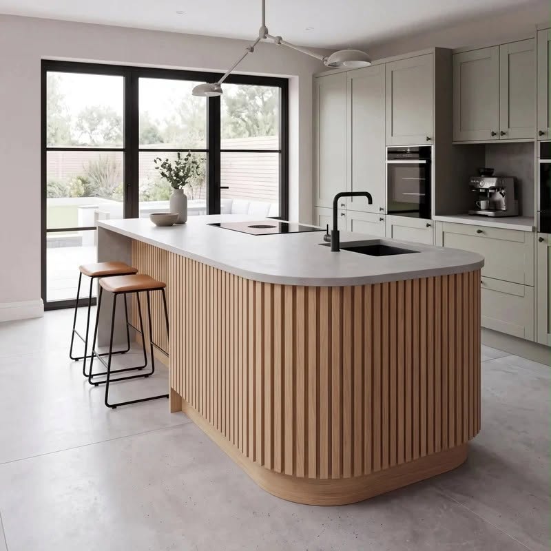 Oak slat wall panelling installed in kitchen