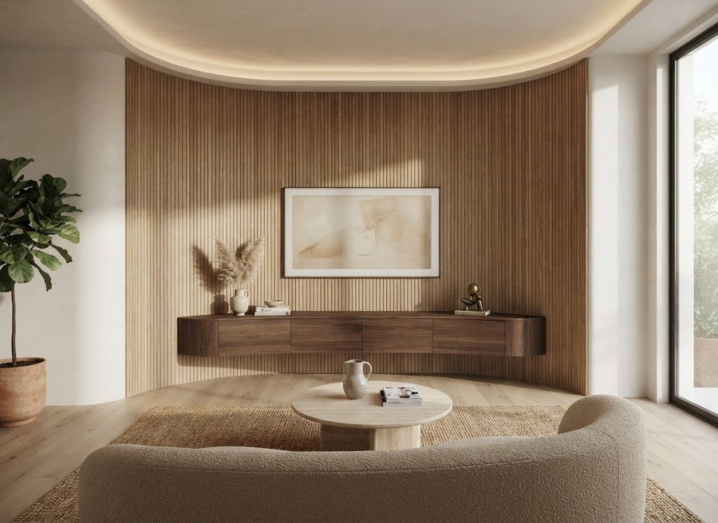 Flexible oak slat wall panel in modern living room