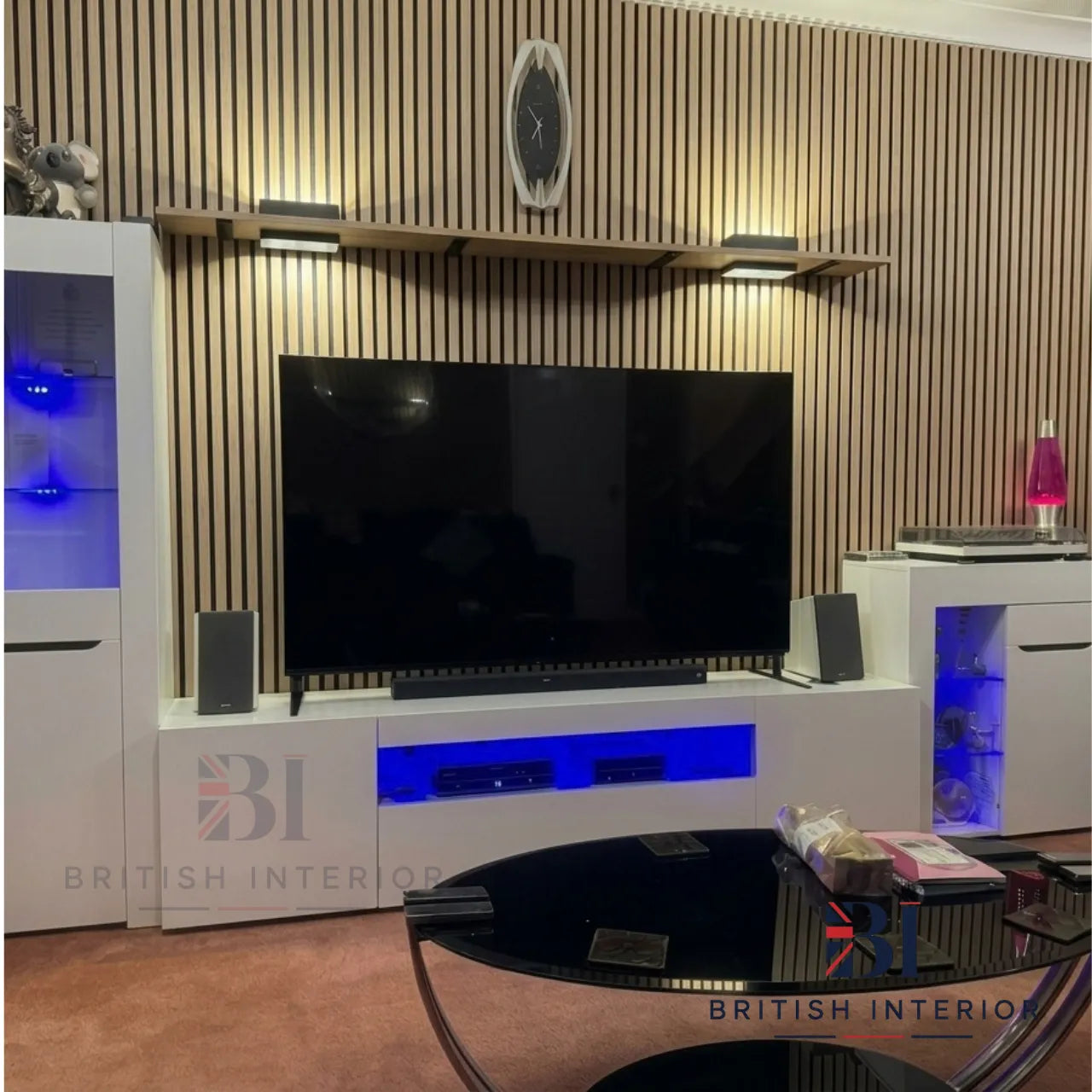 Oak slatted wall panels in a living room