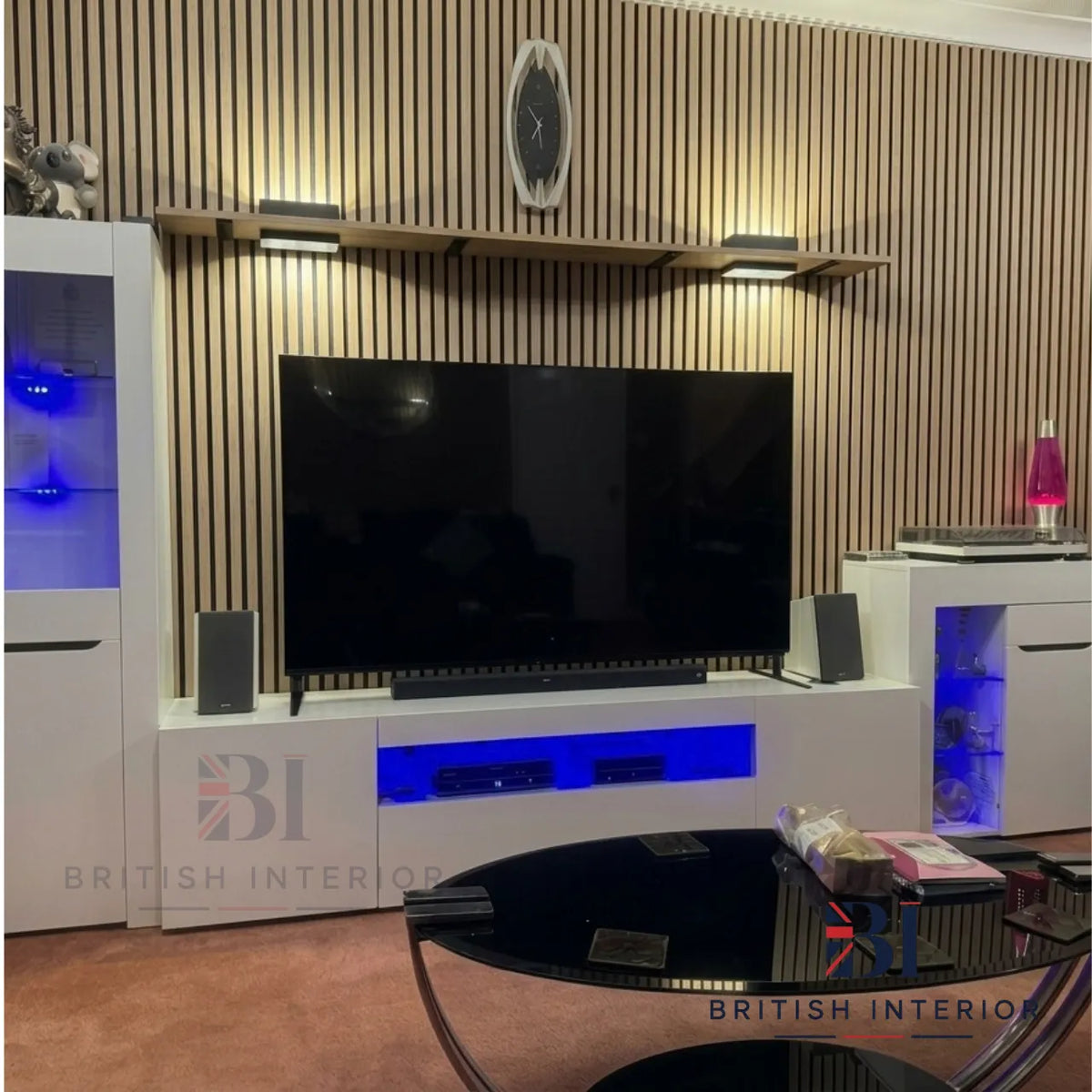 Oak slatted wall panels in a living room