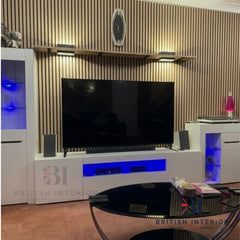 Oak slatted wall panels in a living room