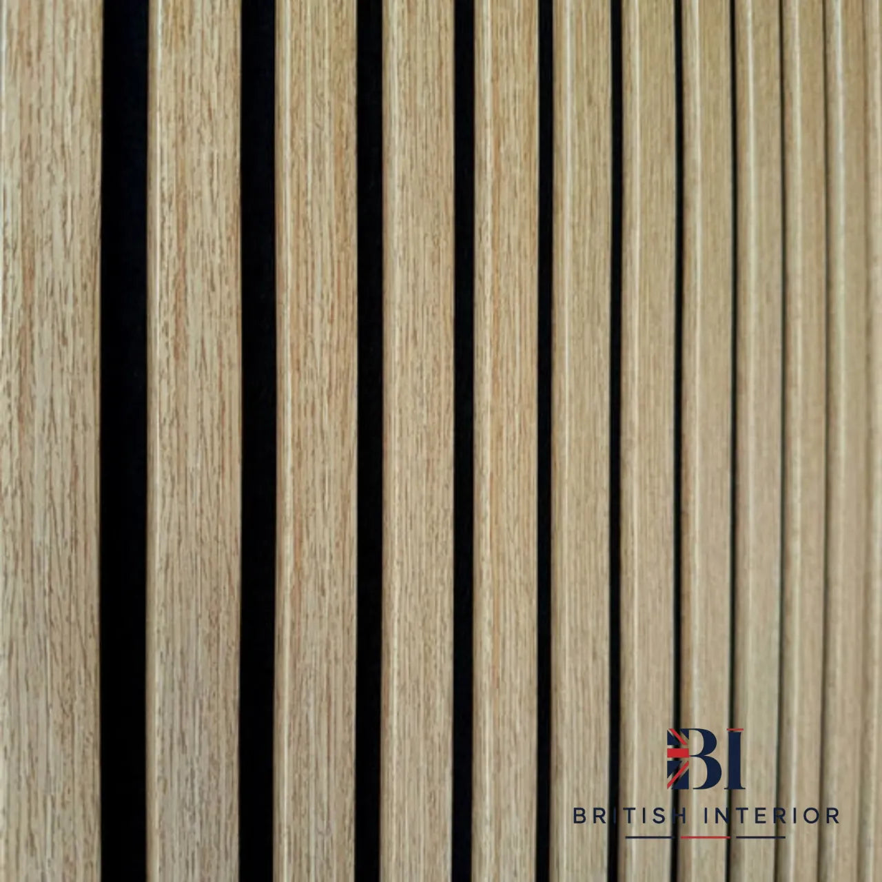close-up detail view of Oak veneer slatted acoustic wall panel with black felt backing