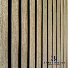 close-up detail view of Oak veneer slatted acoustic wall panel with black felt backing