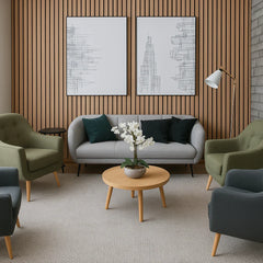 Premium Oak wide slat panels creating a feature wall